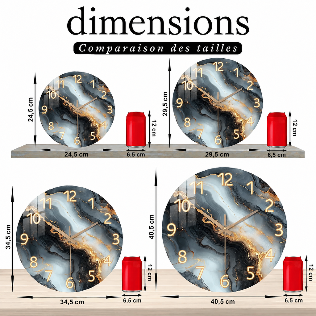 Horloge marbre bleu et or – comparaison des tailles