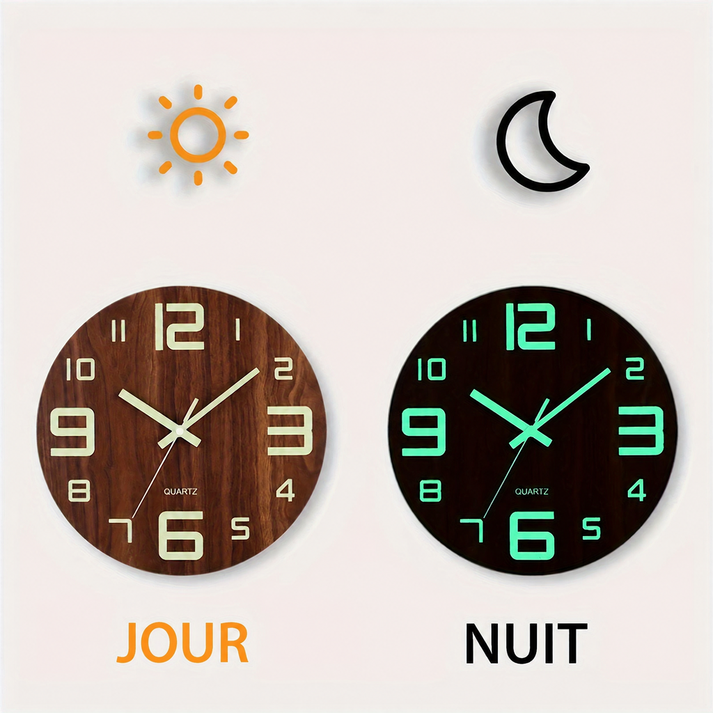 Horloge lumineuse en noyer – jour et nuit