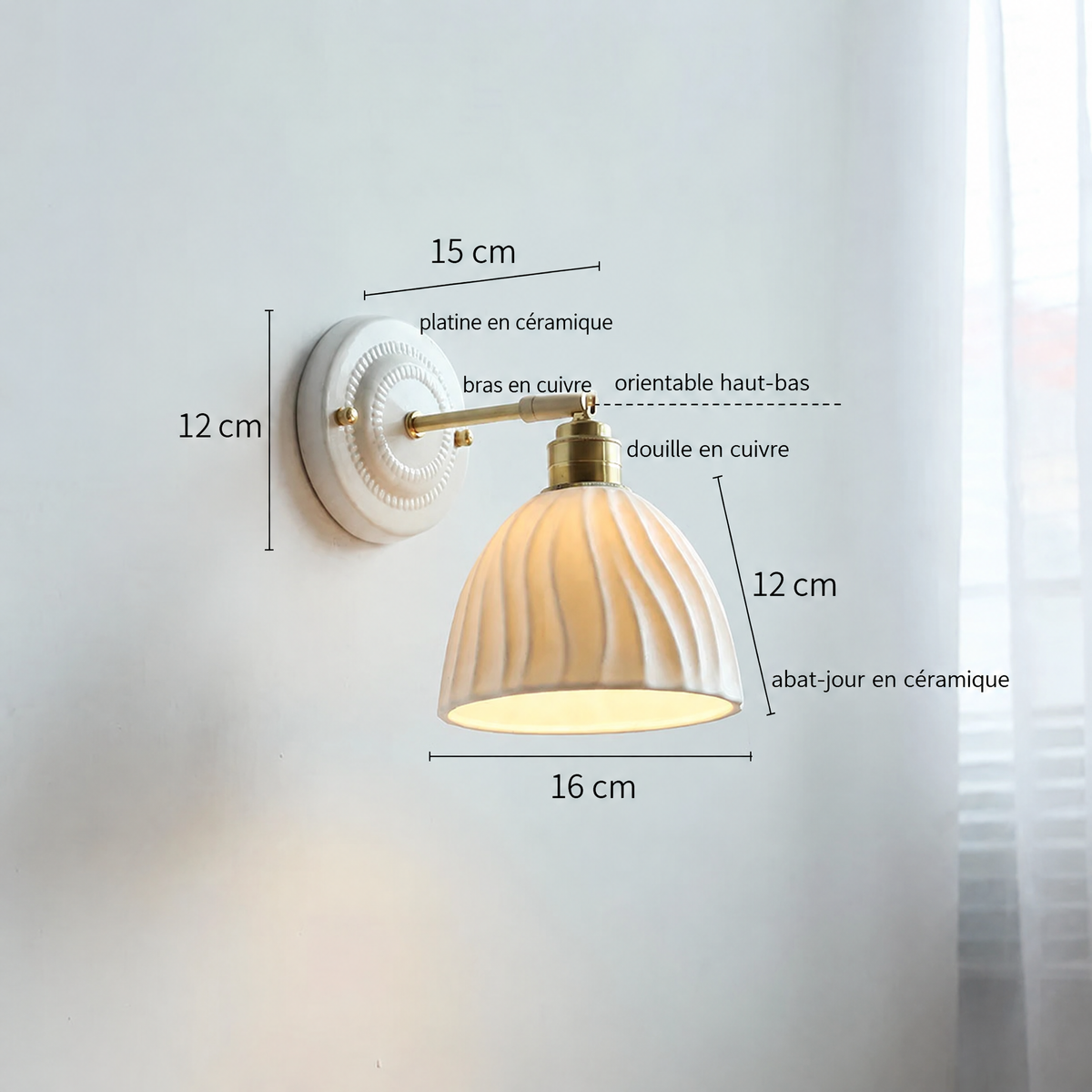Applique en céramique crème – dimensions, abat-jour strié