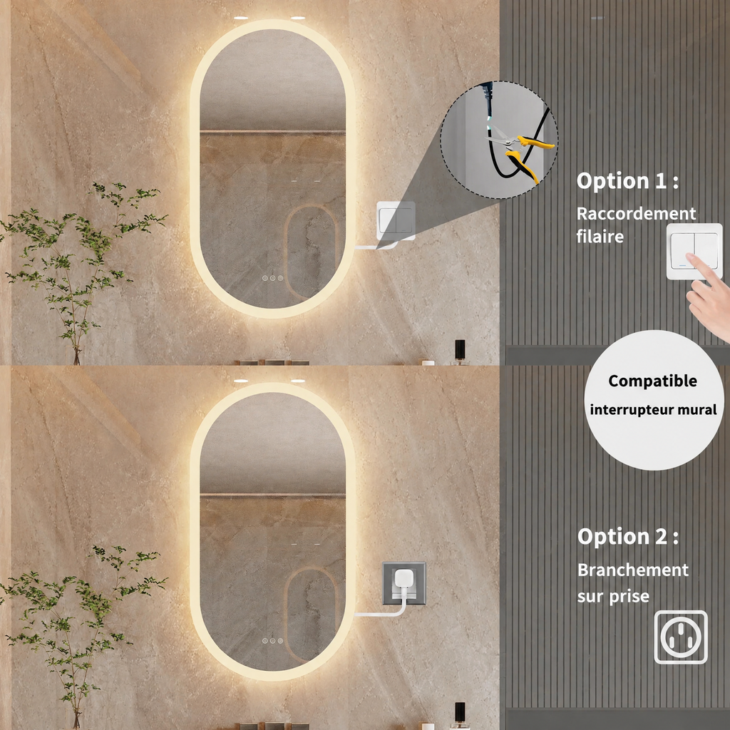 Miroir LED ovale LumoOval – raccordement filaire ou branchement sur prise