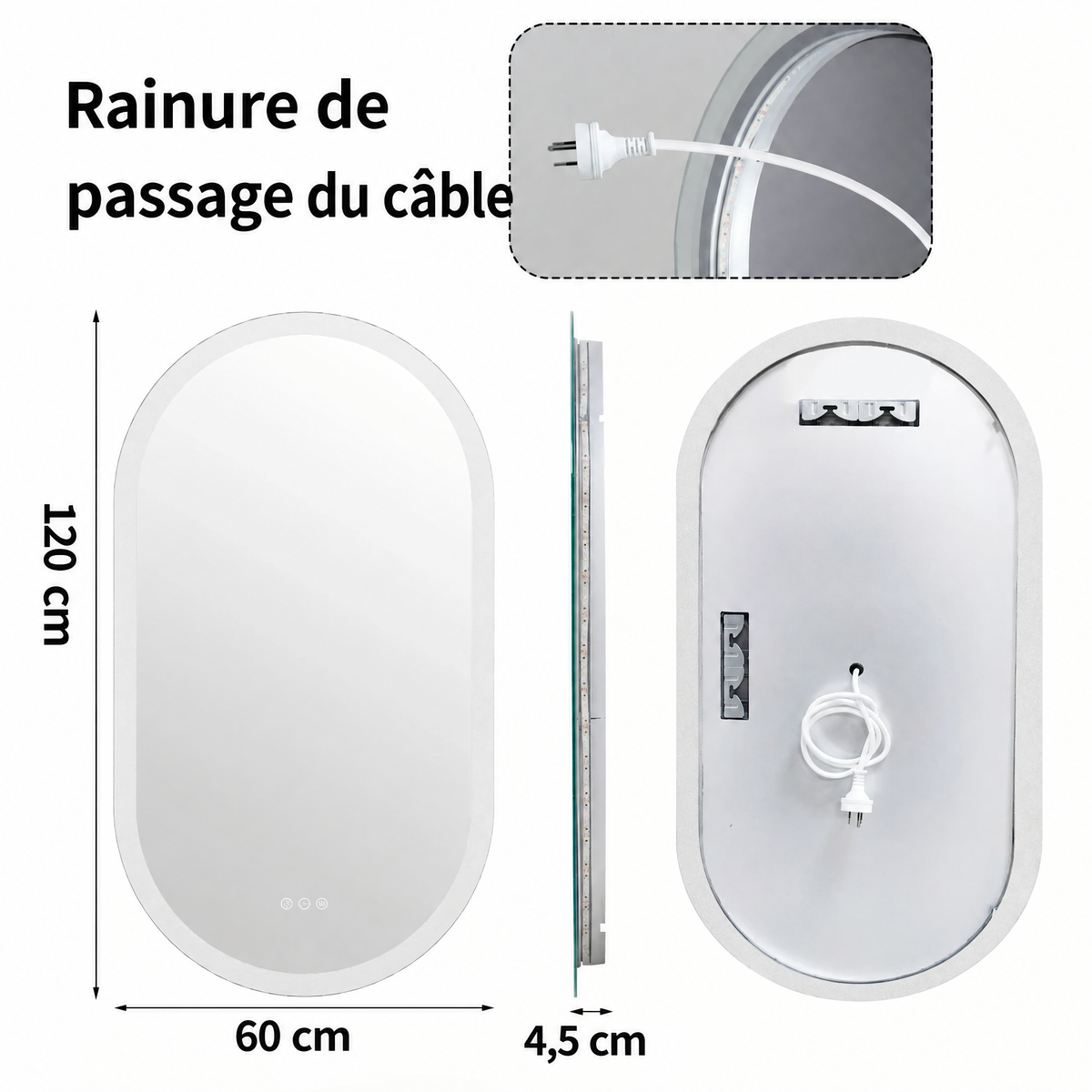 Miroir LED ovale LumoOval – dimensions 120 × 60 cm, rainure de passage du câble