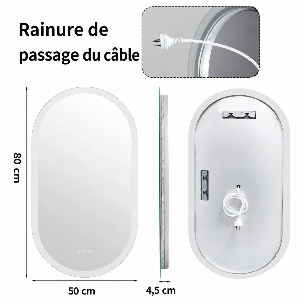 Miroir LED ovale LumoOval – dimensions 80 × 50 cm, rainure de passage du câble