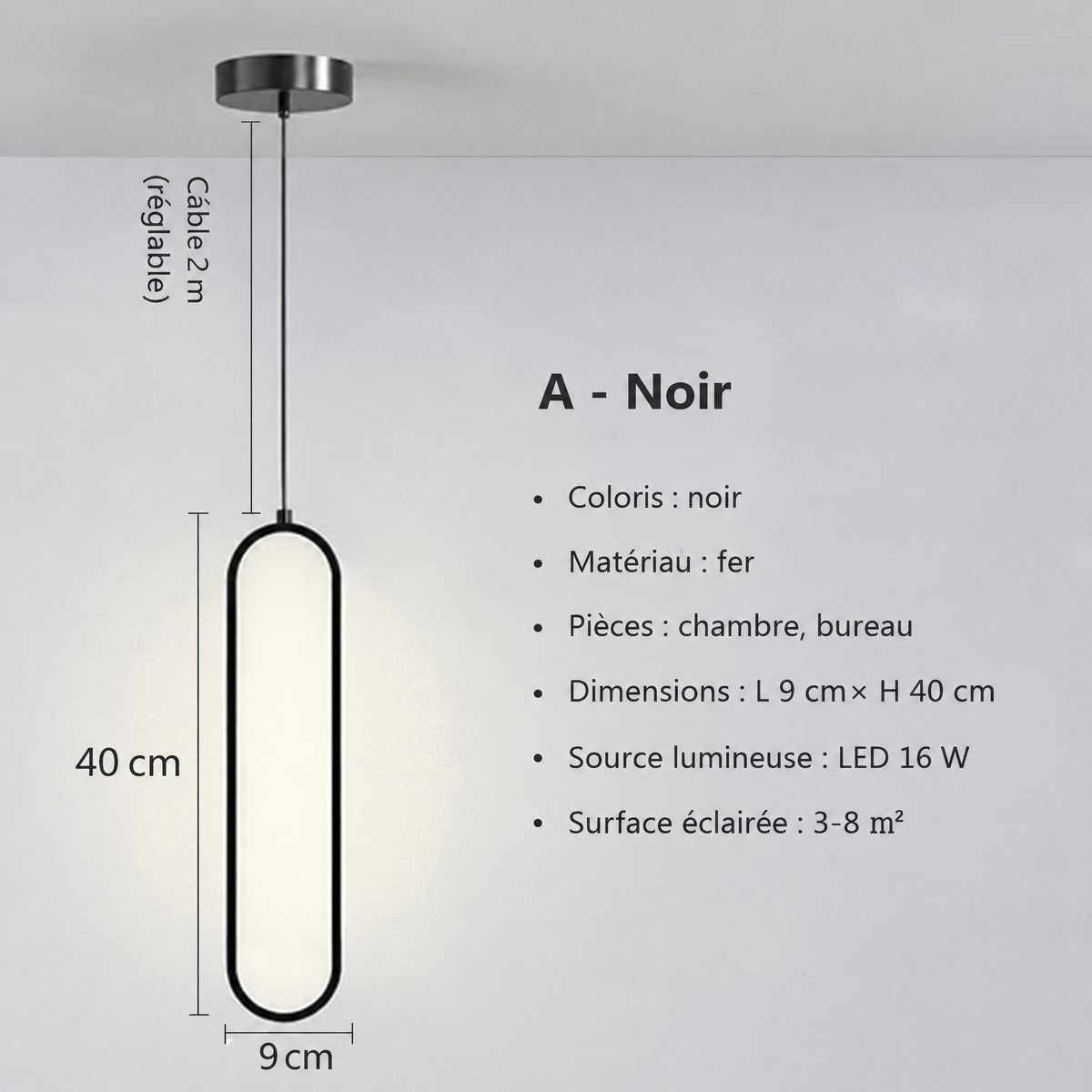 Suspension LED minimaliste noire – dimensions et caractéristiques