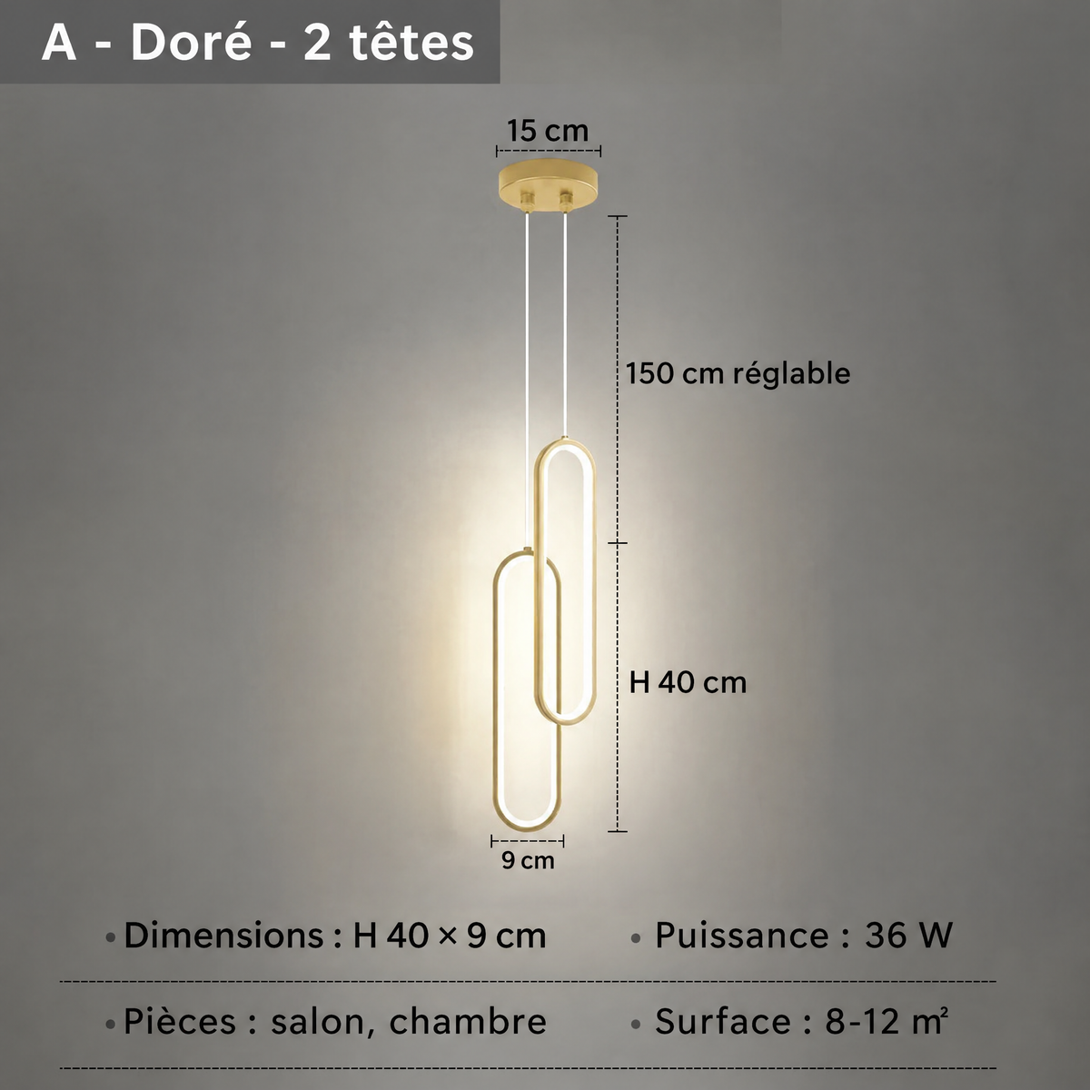 Suspension LED minimaliste dorée 2 têtes – dimensions et caractéristiques