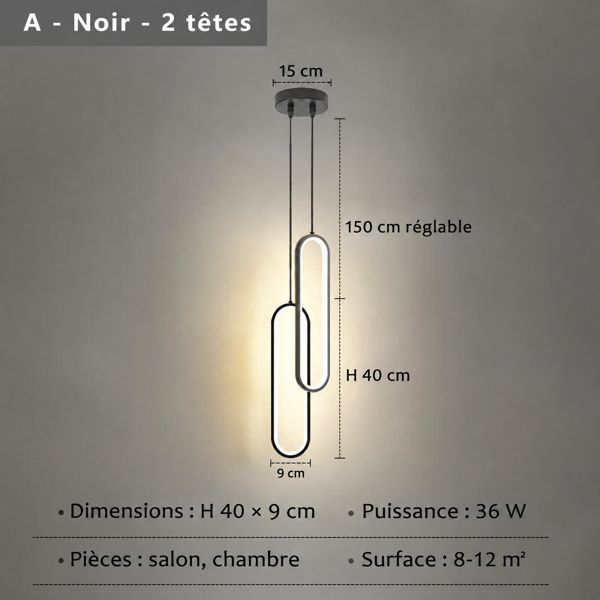 Suspension LED minimaliste noire 2 têtes – dimensions et caractéristiques