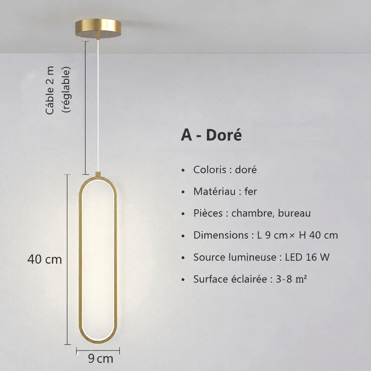 Suspension LED minimaliste dorée – dimensions et caractéristiques