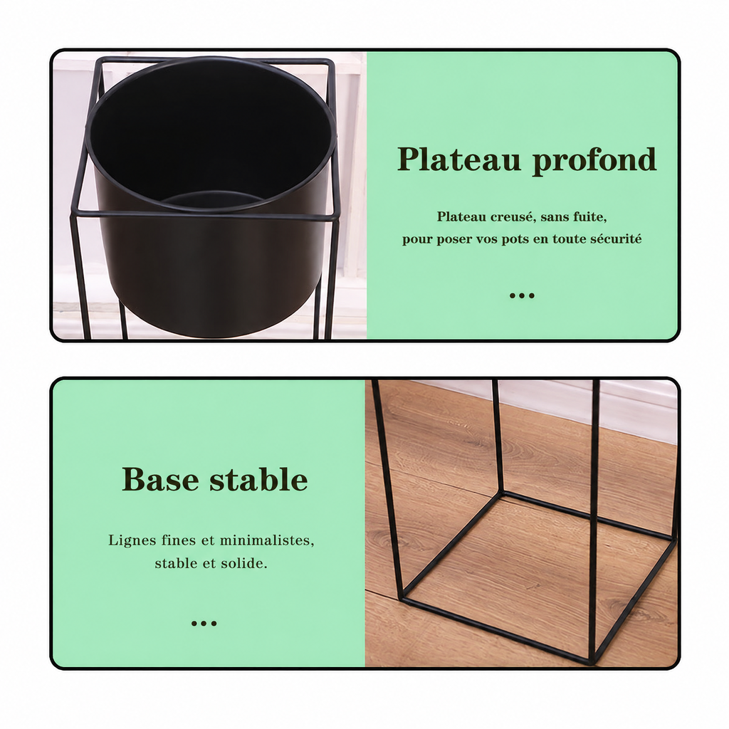 Support à plantes en métal noir – plateau profond et base stable