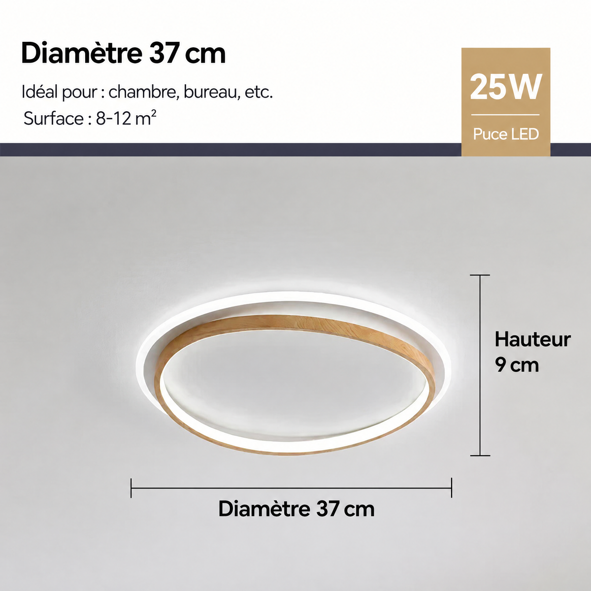 Plafonnier LED noyer doré – diamètre 37 cm, 25 W