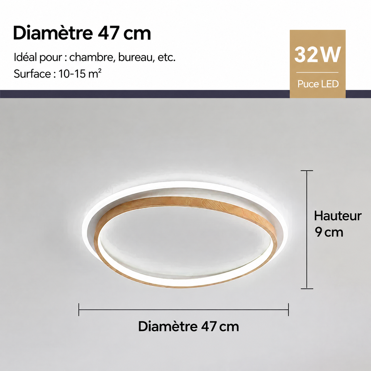Plafonnier LED noyer doré – diamètre 47 cm, 32 W