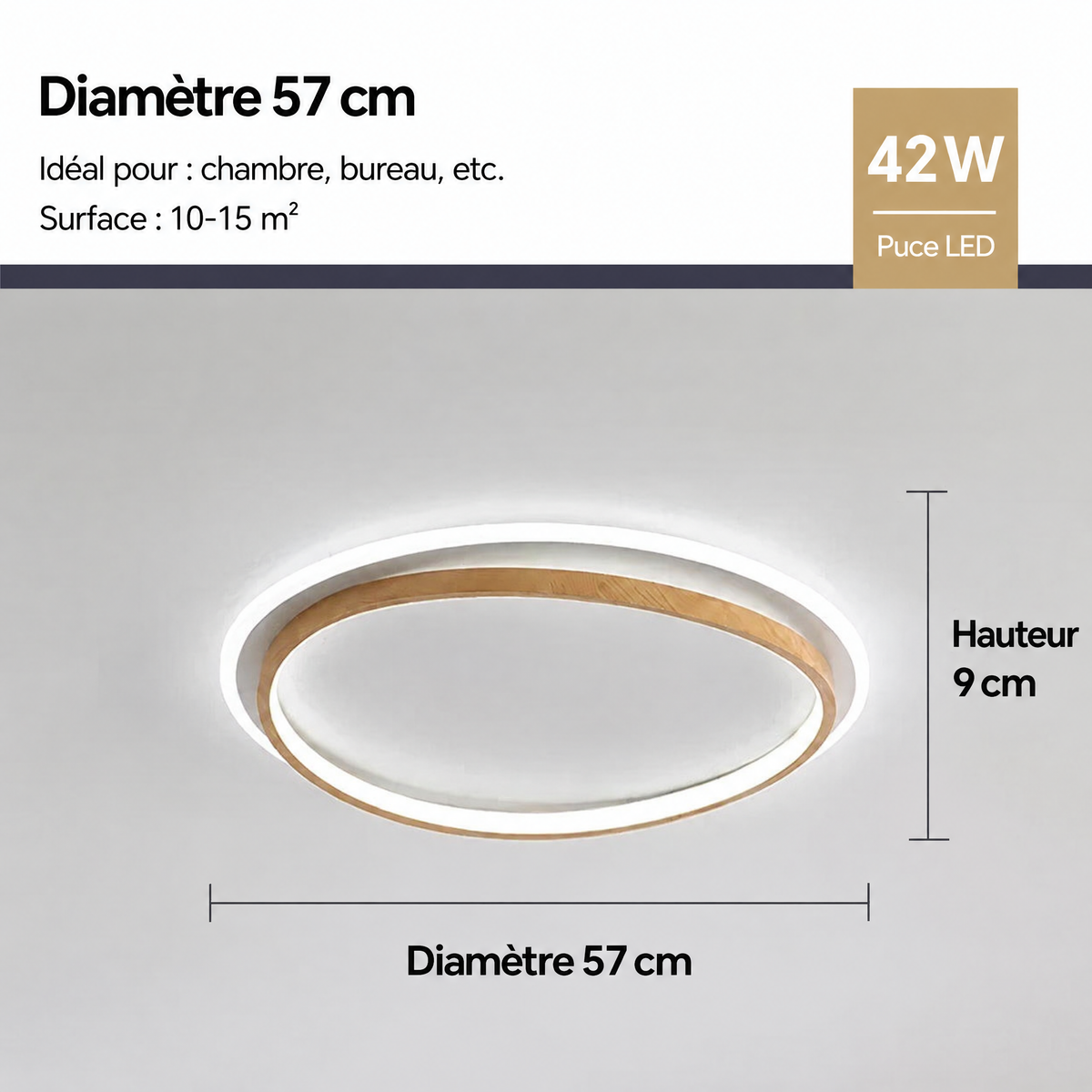 Plafonnier LED noyer doré – diamètre 57 cm, 42 W