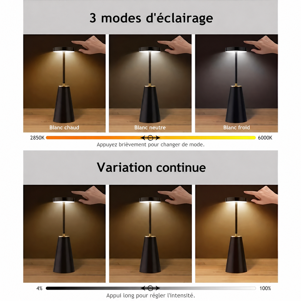Lampe à poser Sleek sans fil – 3 modes d'éclairage et variation continue