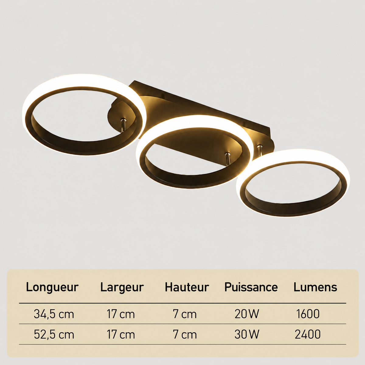 Plafonnier LED moderne à anneaux – dimensions et puissance