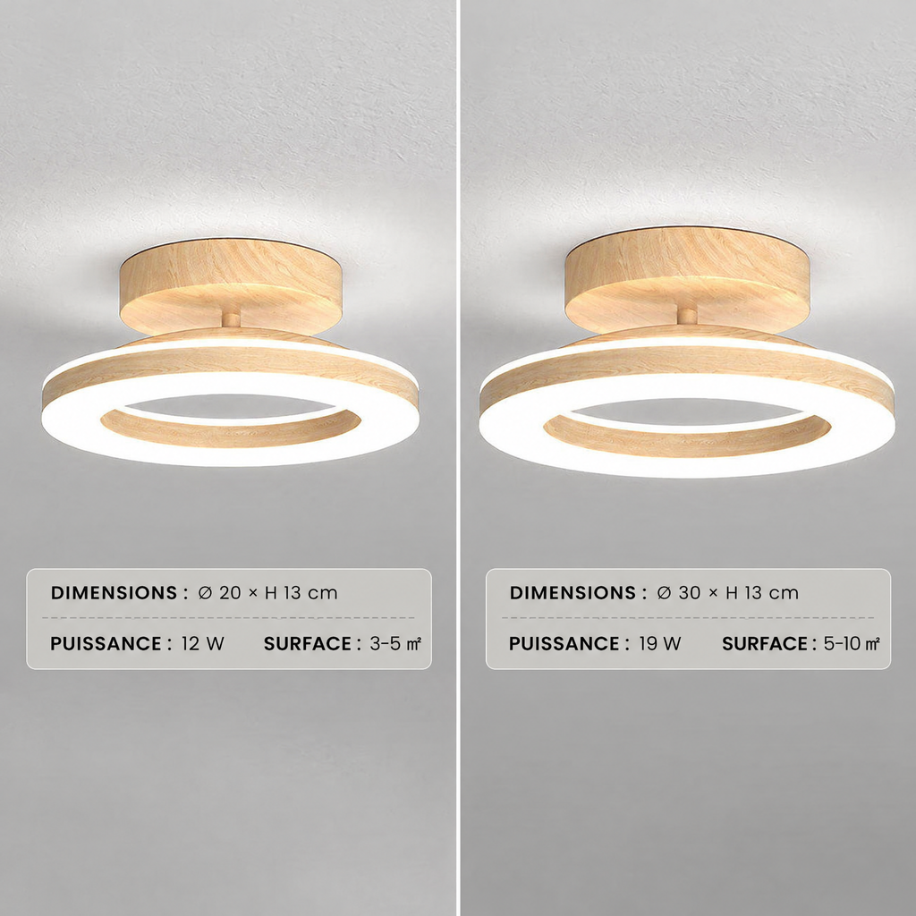 Plafonnier LED rond effet bois – dimensions et puissance
