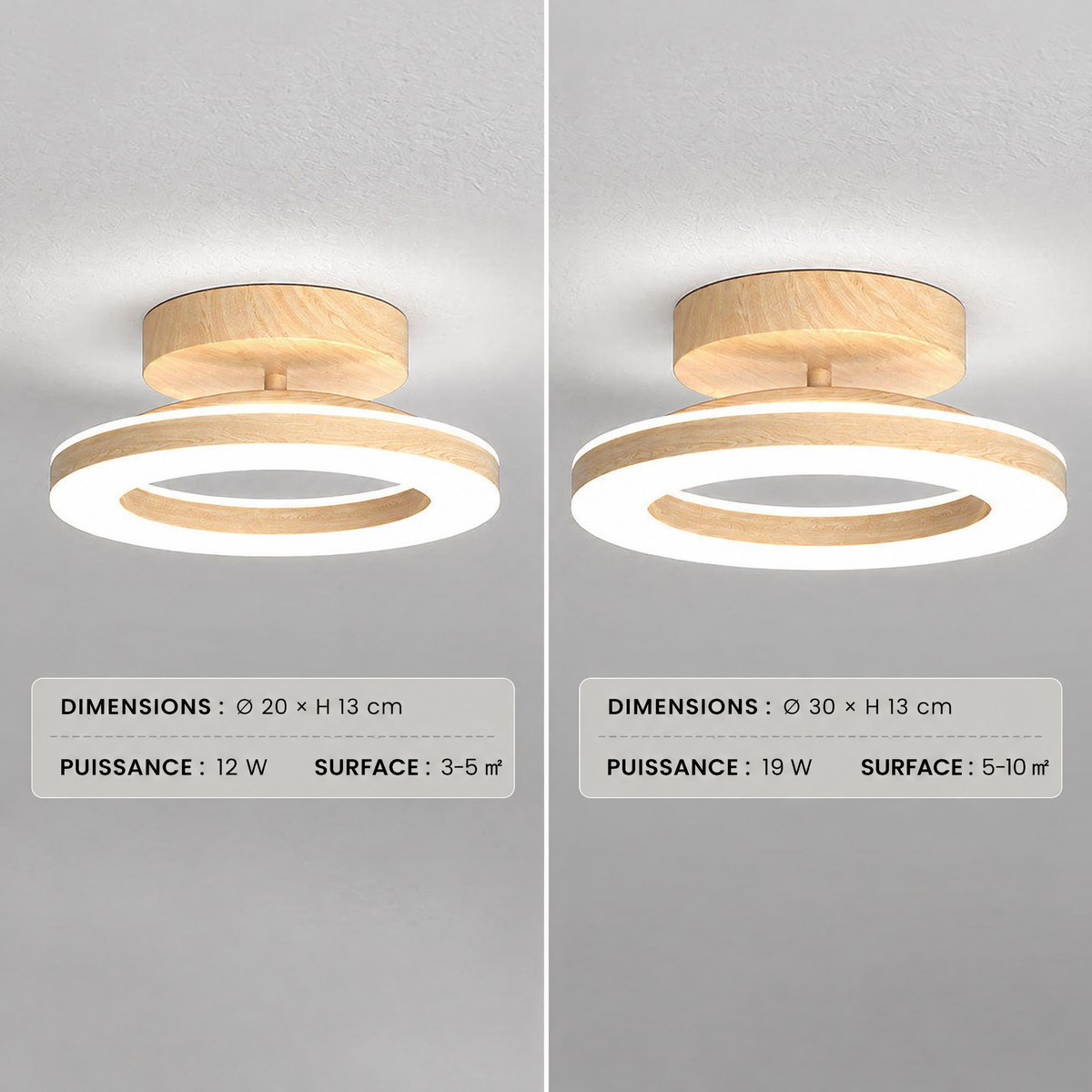Plafonnier LED rond effet bois – dimensions et puissance