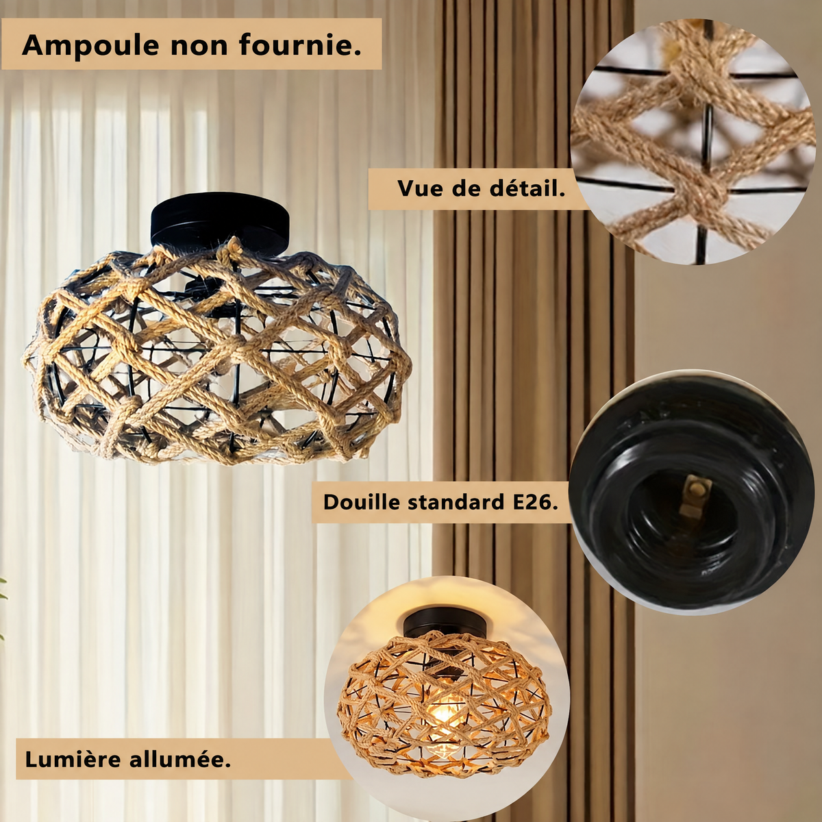 Plafonnier en corde de chanvre bohème – détails