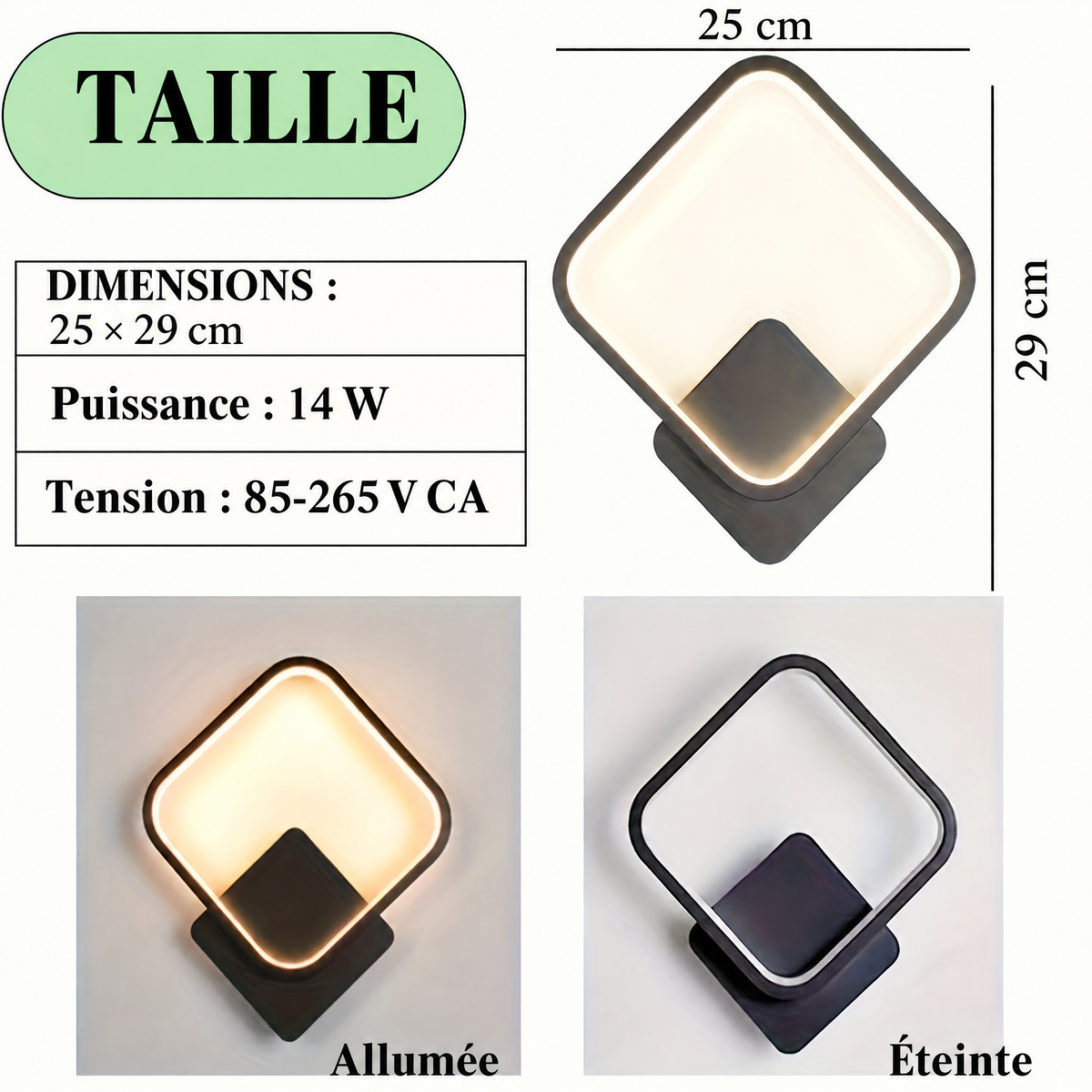 Applique murale LED carrée – dimensions et caractéristiques