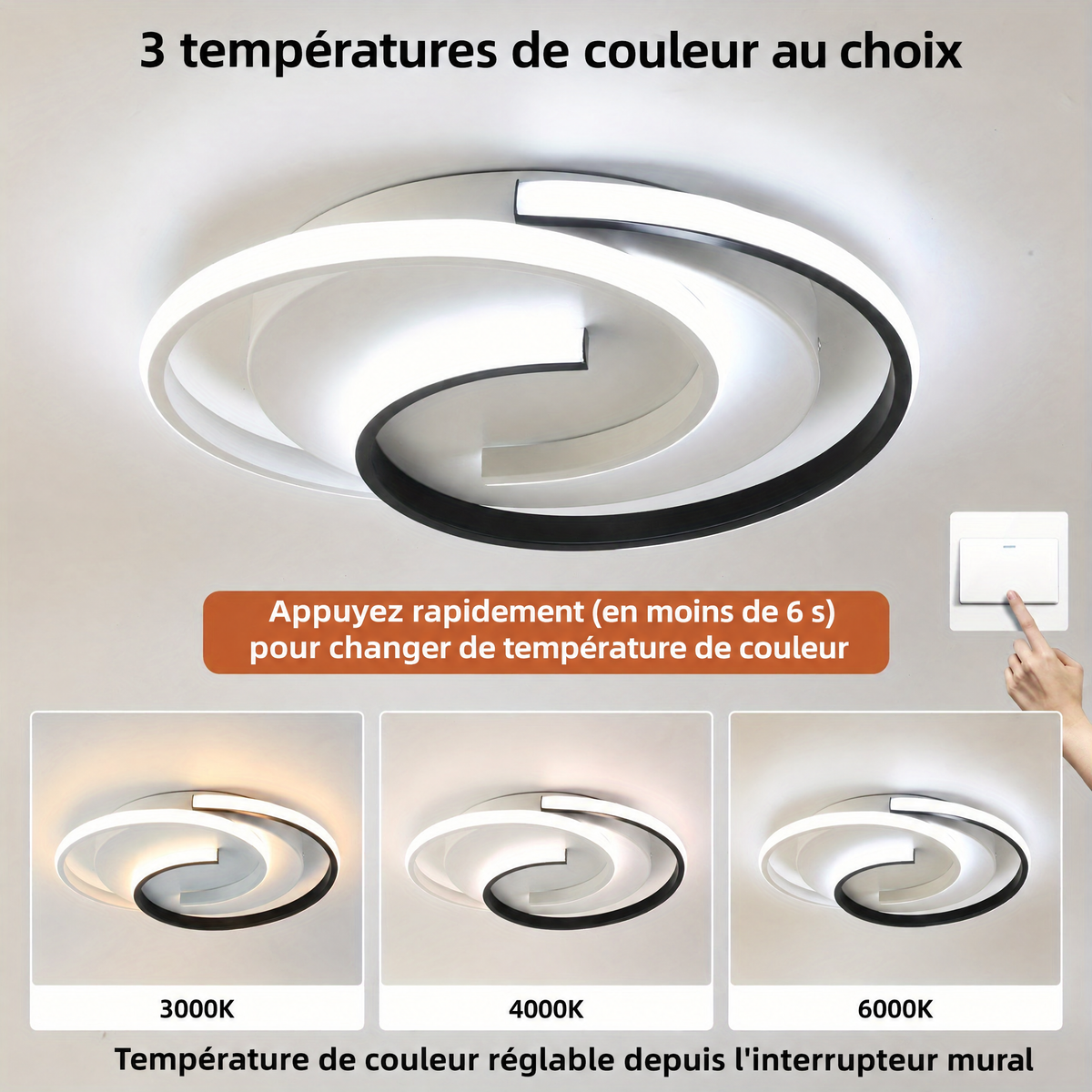 Plafonnier LED spirale – 3 températures de couleur