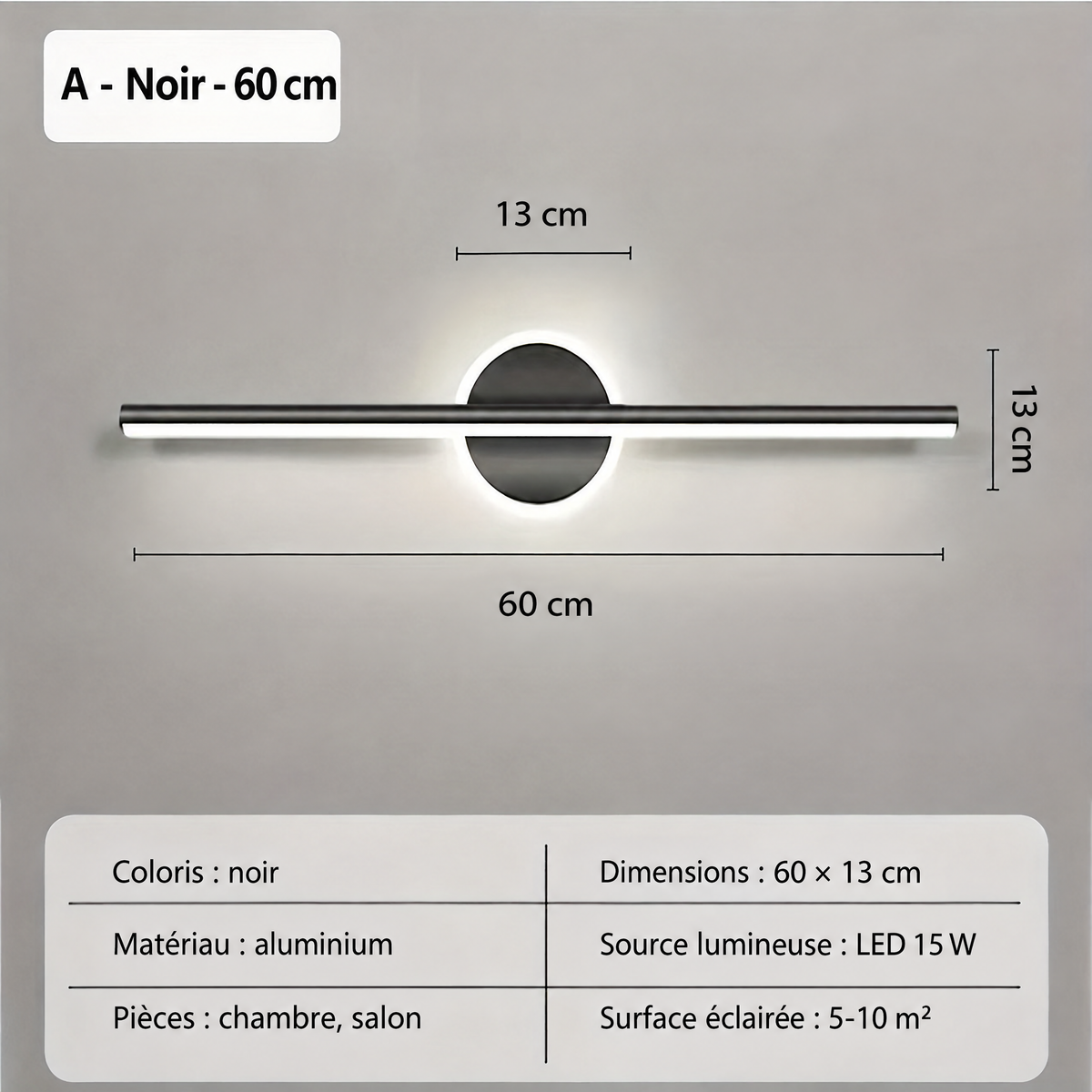 Applique LED miroir luxe noire 60 cm – dimensions et caractéristiques