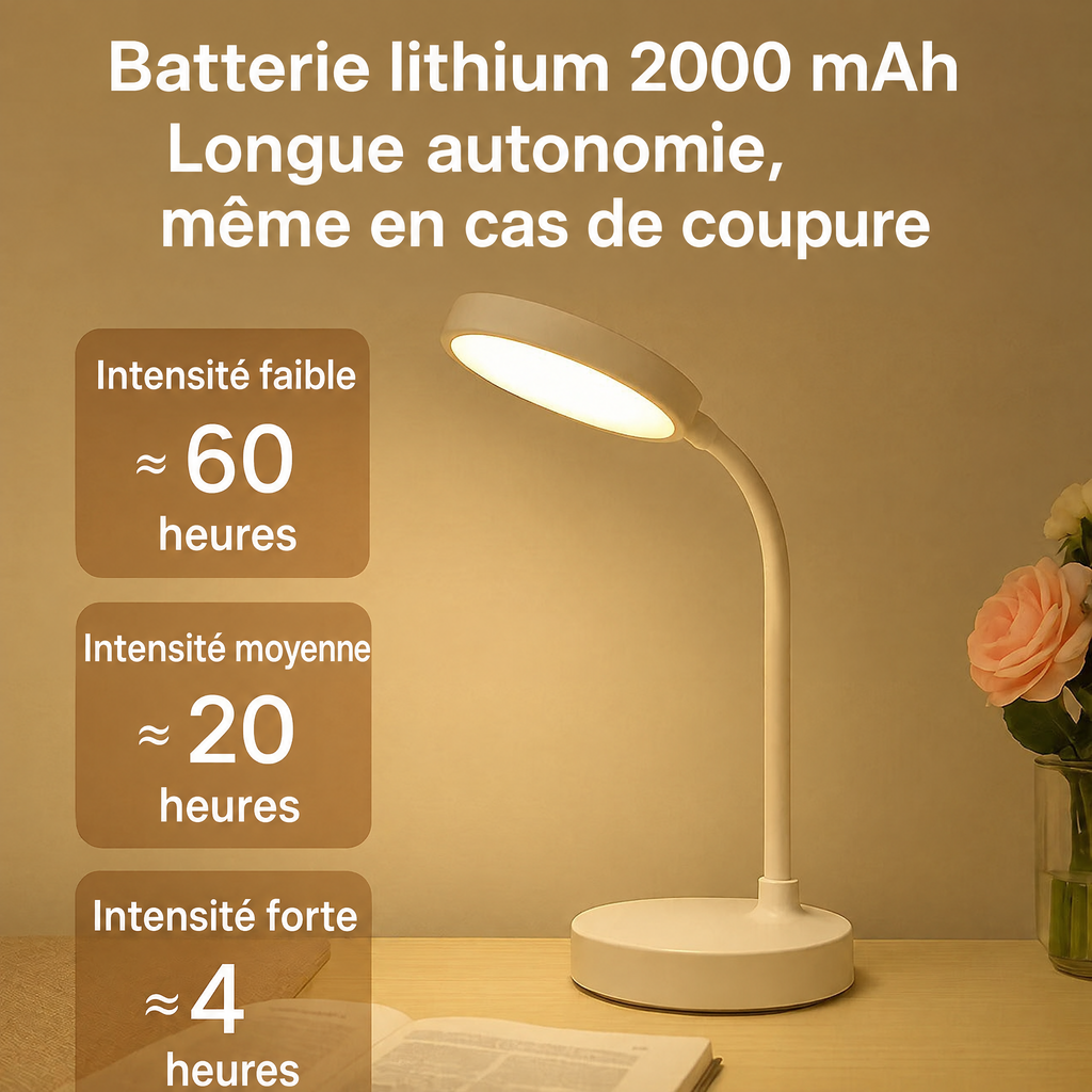 Lampe de bureau LED USB – batterie lithium 2000 mAh, autonomie