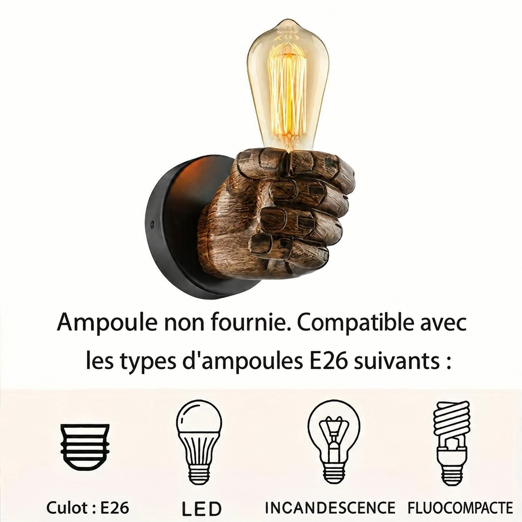 Applique murale main en résine – ampoules E26 compatibles