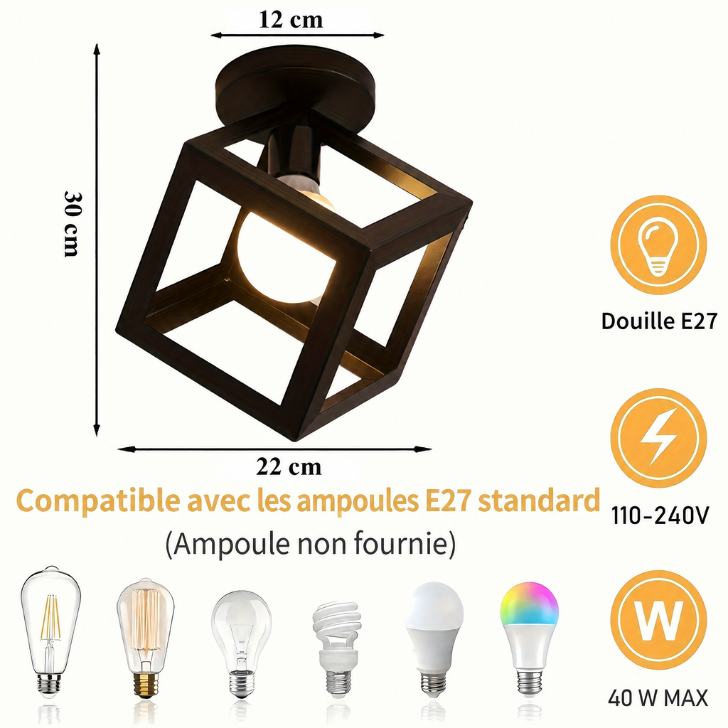 Plafonnier cube géométrique – dimensions, douille E27, 40 W max