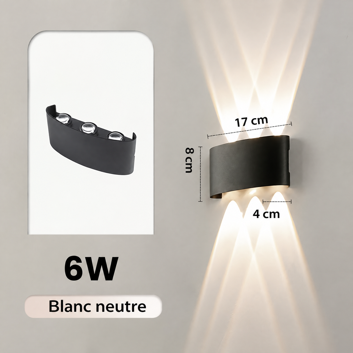 Applique murale LED double faisceau – blanc neutre, dimensions