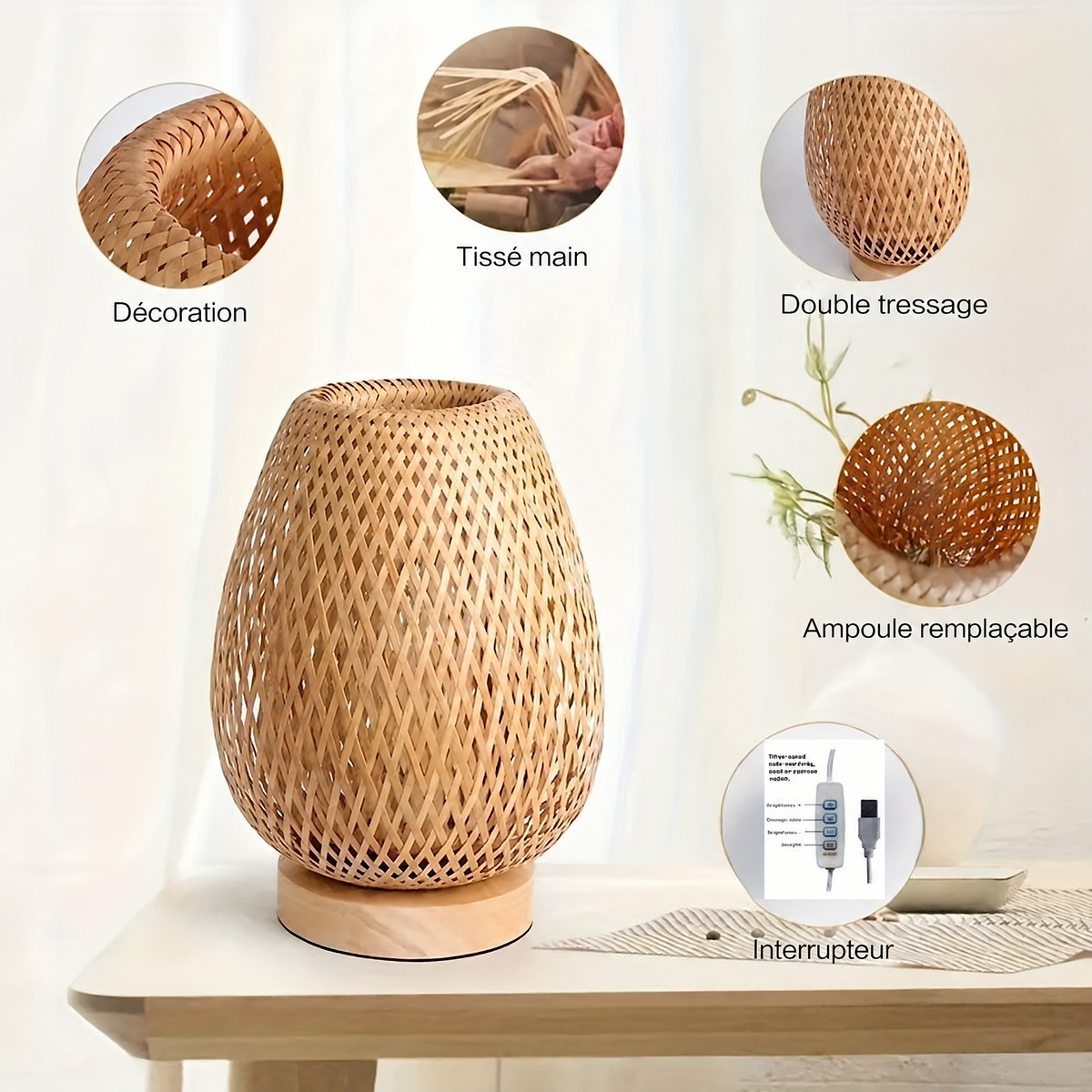 Lampe de chevet en bambou tressé – détails