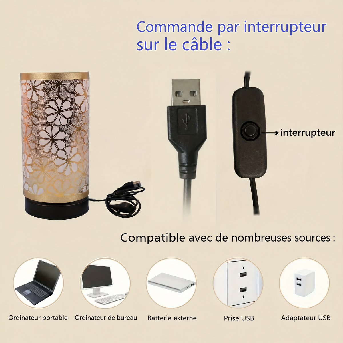 Lampe à poser florale USB – interrupteur sur le câble