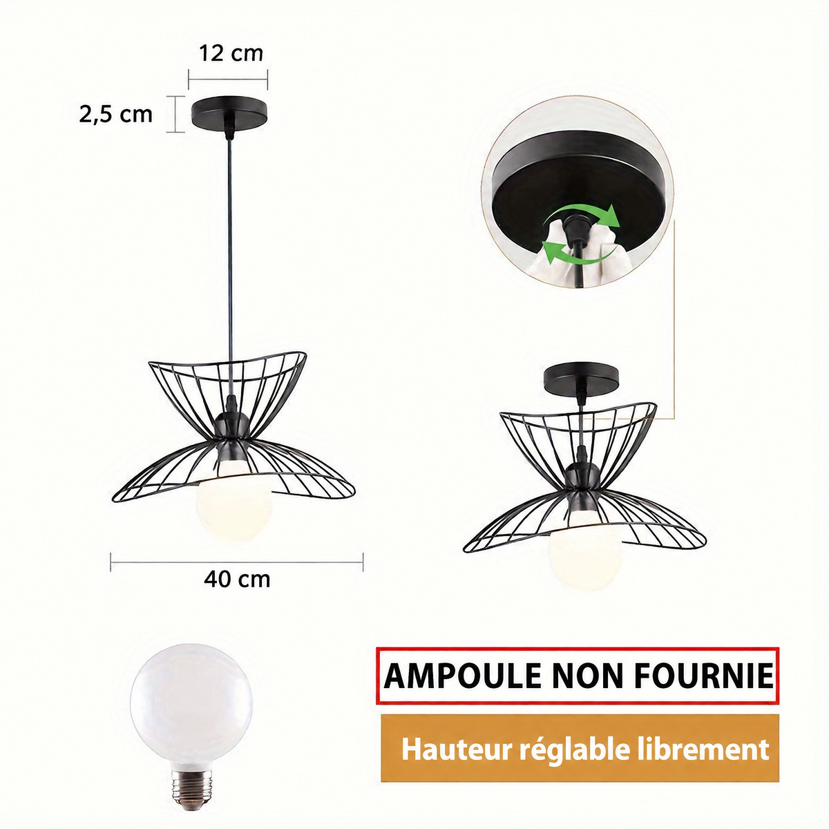 Suspension noire rétro – dimensions, hauteur réglable
