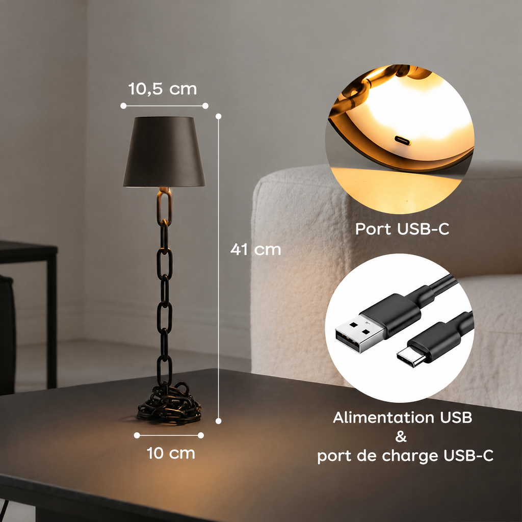 Lampe à poser maillons – dimensions et charge USB-C