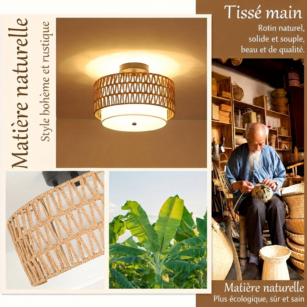 Plafonnier bohème rotin et lin – matière naturelle tissée main