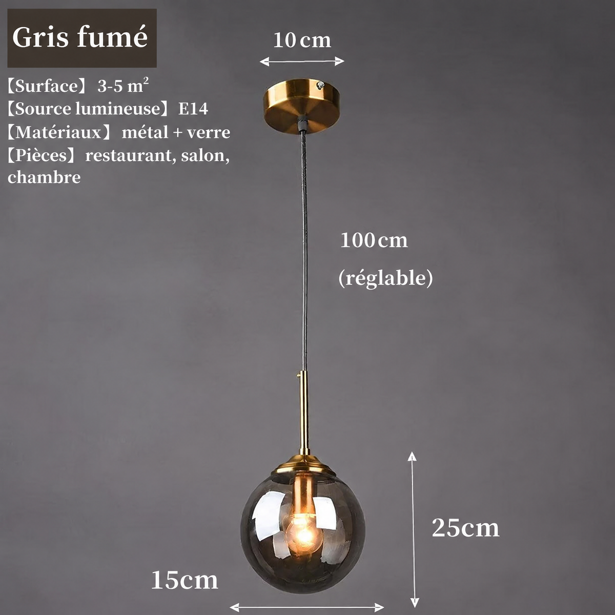 Suspension globe en verre nordique gris fumé – dimensions