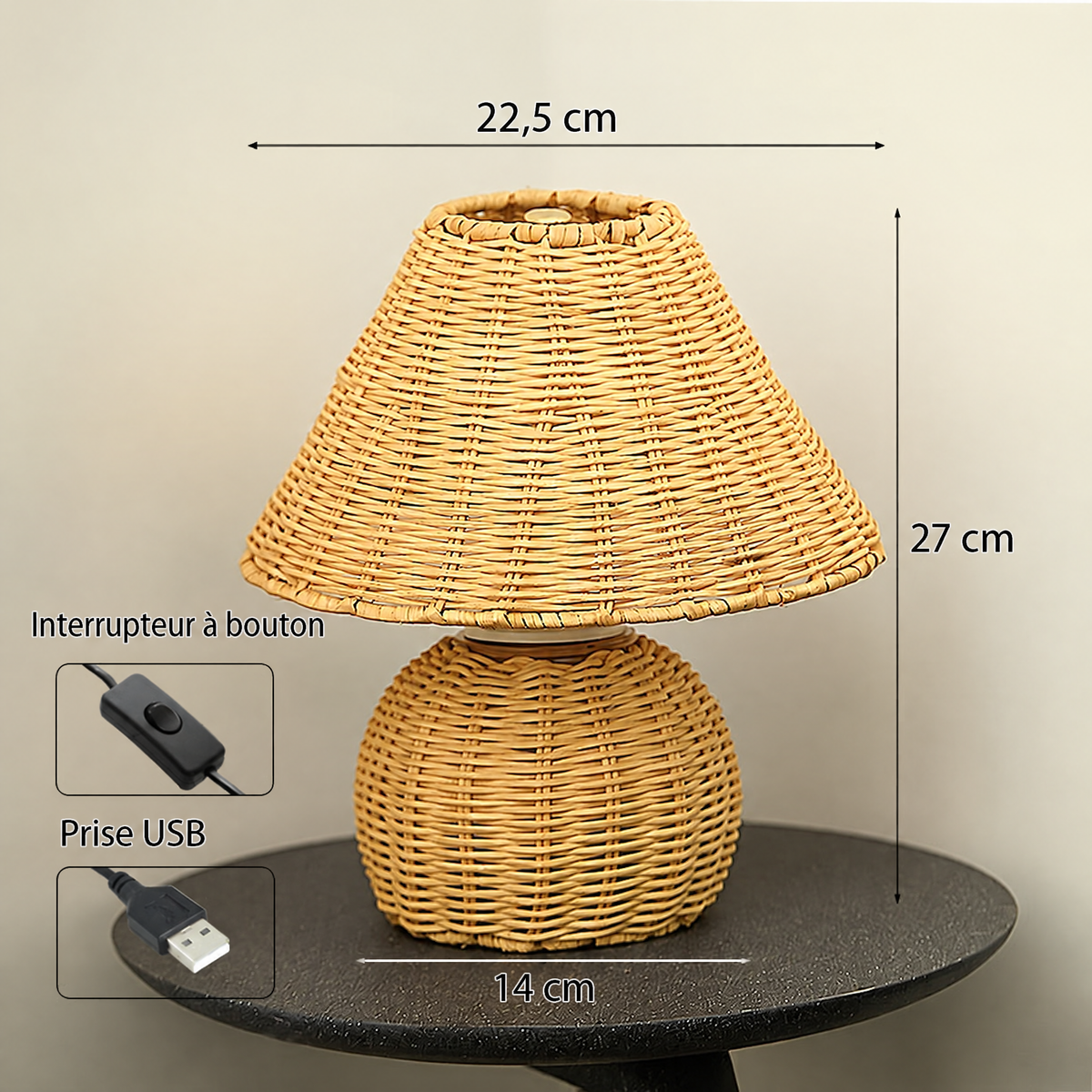 Lampe de bureau en bambou tressé – dimensions et interrupteur