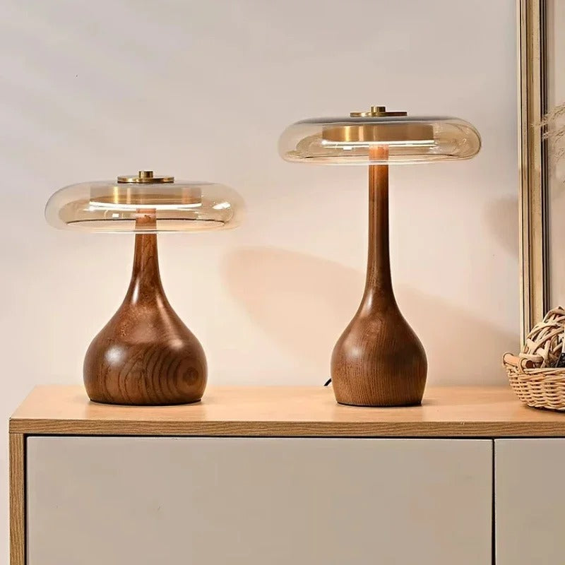 Lampe à poser Andi | Verre, laiton et bois de noyer