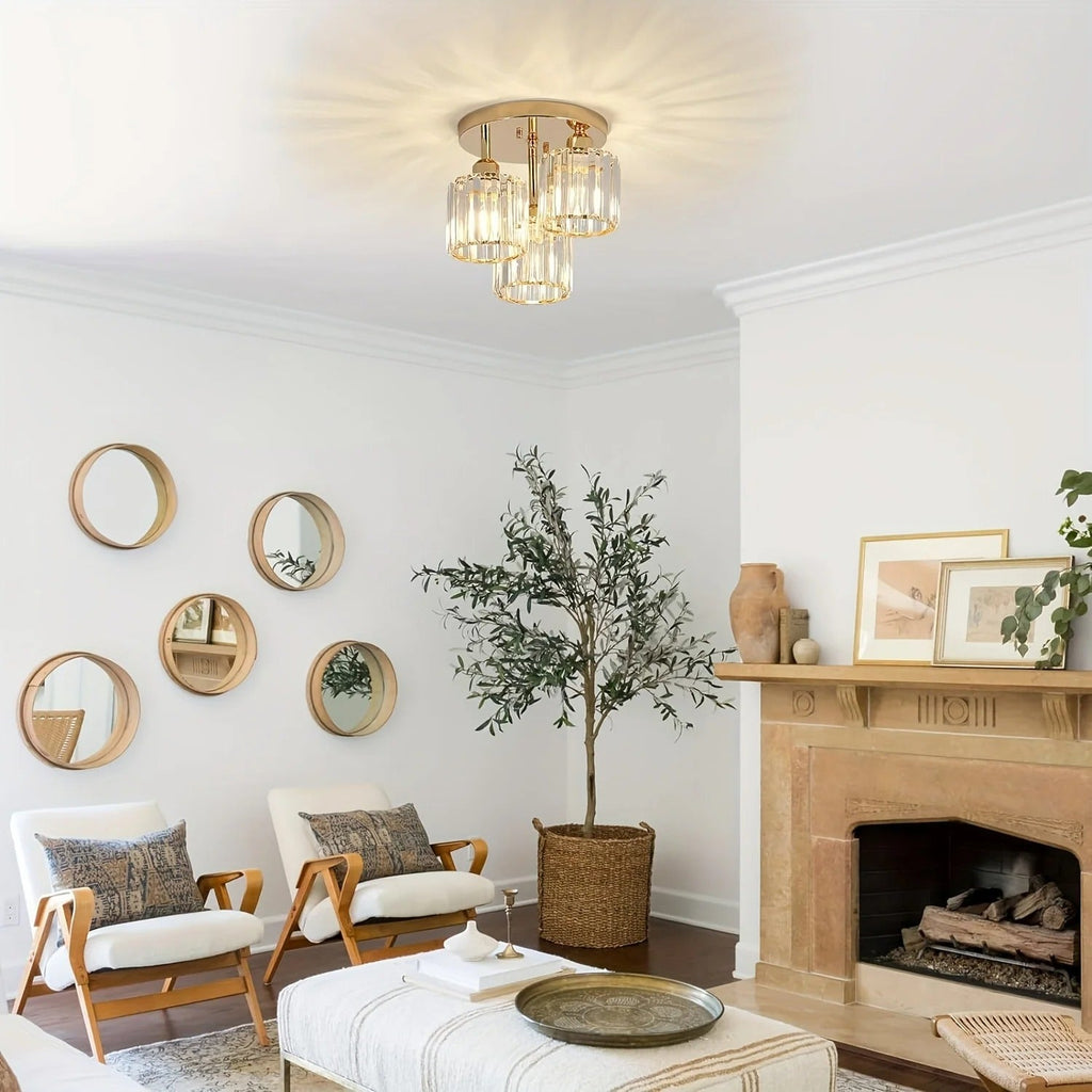 Plafonnier en cristal doré | 3 lumières, semi-encastré