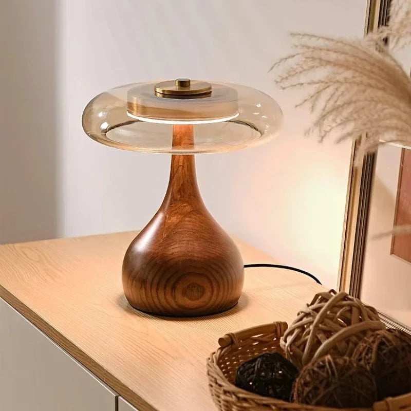Lampe à poser Andi | Verre, laiton et bois de noyer