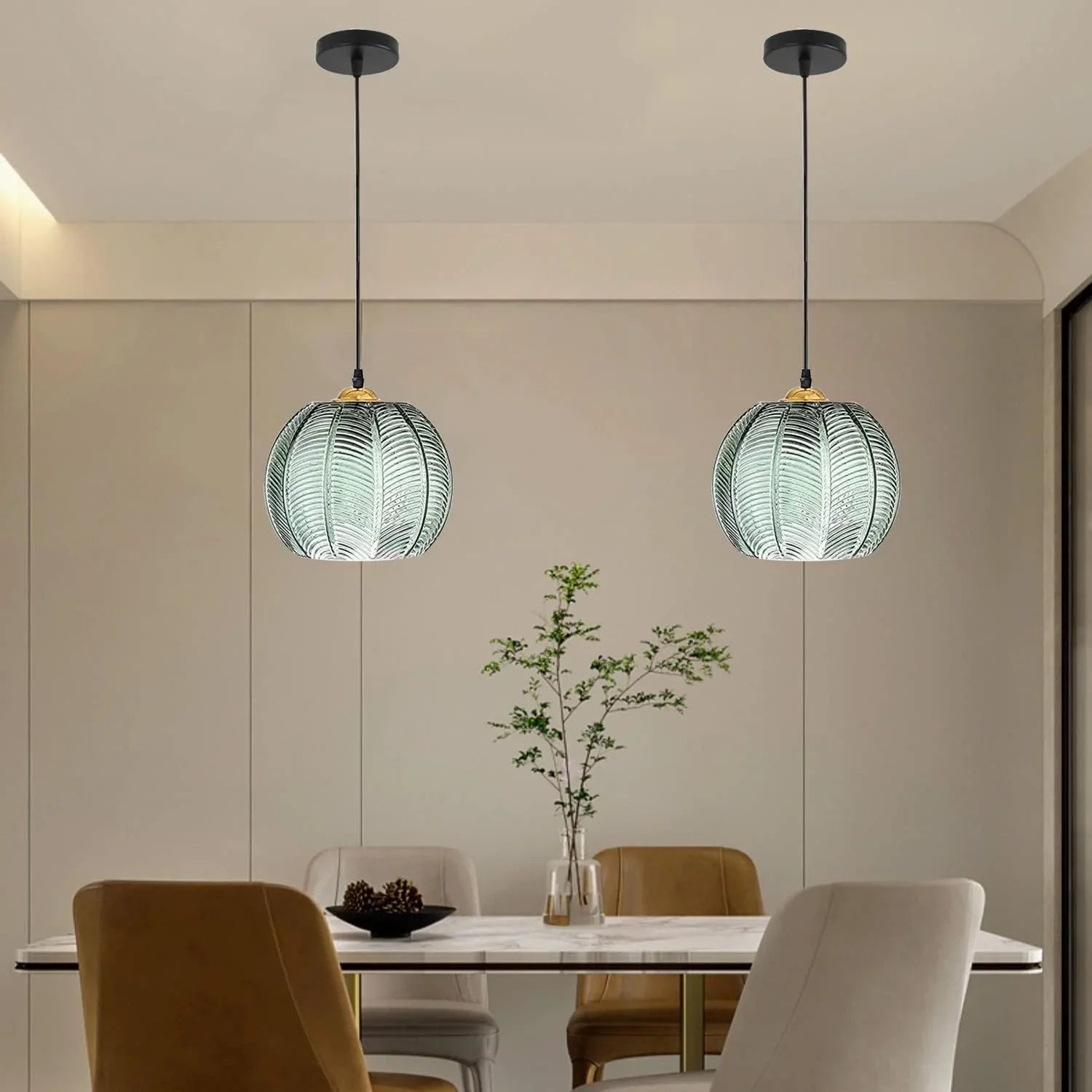 Suspension en verre strié vert | Forme citrouille rétro